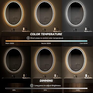 Дзеркало для ванної кімнати Dripex з підсвічуванням LED, сенсорне керування, регулювання яскравості, 3 кольори світла, антизапарник, овальне, 50 x 70 см