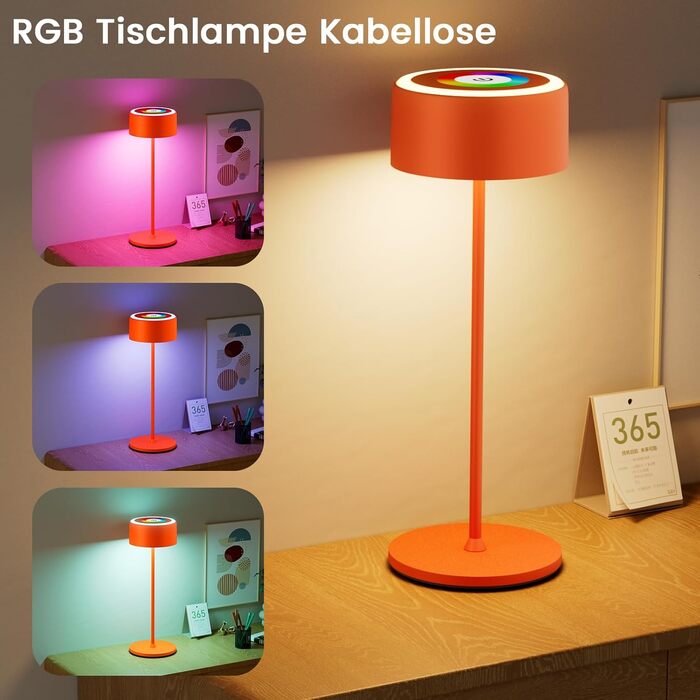 Бездротова LED-лампа TYEE на акумуляторі з регулюванням яскравості, 3000-6000K+RGB, USB-C, водонепроникна IP54, алюміній, для дому та вулиці (Оранжева)