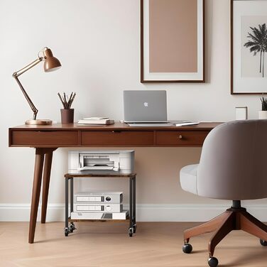 Двоярусний столик для принтера з роликами, 30x42x37 см, дерев'яний та металевий, мобільний, для офісу та вітальні (колір: коричневий)