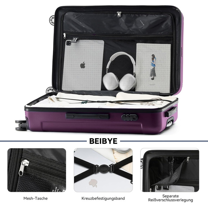 Чохол-валіза BEIBYE з кодовим замком, 4 колеса, середній (66 см), фіолетовий (набір)