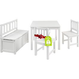Дитячий меблевий набір Bomi Anna: стіл, 2 стільці та лавка-сховище | Меблі для дитячої кімнати з FSC сертифікованого дерева | Білий