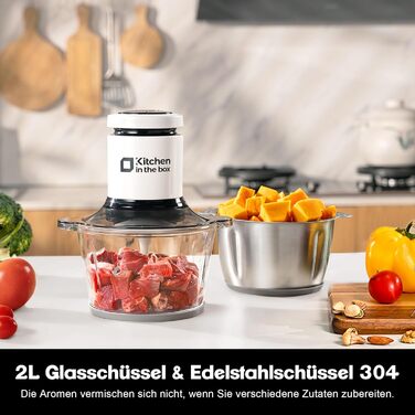 Електричний подрібнювач Zerkleinerer 400W з двома чашами 2л + 2л та двома лезами з нержавіючої сталі для м'яса, овочів, фруктів - білий