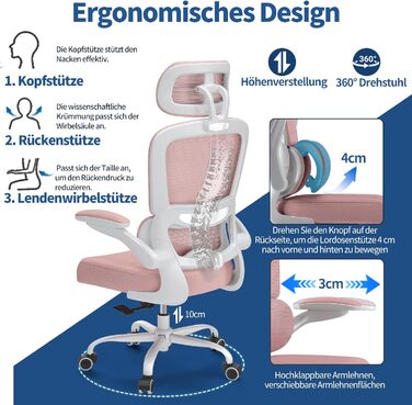 Офісне крісло TRALT Ergonomic - ергономічне крісло з регульованою підтримкою попереку та підголівником, ігрове крісло, крісло для дому, офісу, для великих людей (Рожеве)
