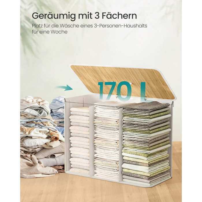 SONGMICS Кошик для білизни з кришкою, 2 відділення, бамбук, складний, знімний мішок для прання, з ручками, 170 л, білий