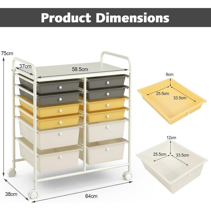 Візок GIANTEX 12 ящиків, штабельовані, коліщатка, що замикаються, для кухні, ванної кімнати, офісу, 64x38x75 см (сірий/жовтий)
