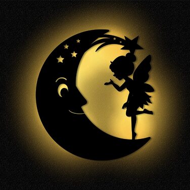 Настінний світильник Фея на Місяці, нічник, нічник для дитячої кімнати, для дівчаток і хлопчиків, настінний світильник з МДФ з дерев'яним живленням від батареї