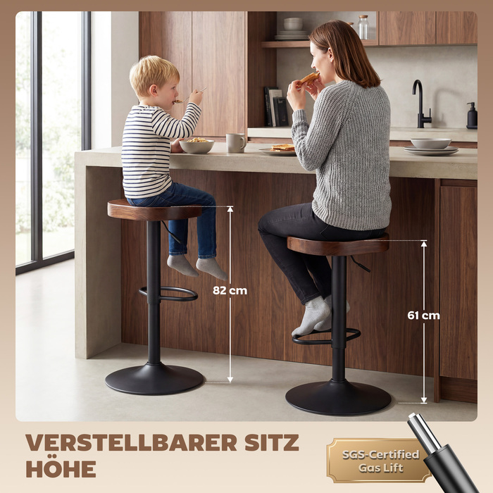 Набір барних стільців на 2 шт., регульовані по висоті обертові стільці з сідлом з клену в темно-коричневому кольорі