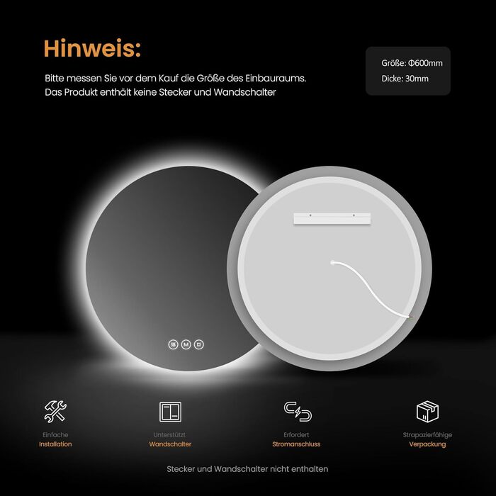 Дзеркало для ванної кімнати EMKE з підсвічуванням, діаметр 50 см, диммування, холодний білий світ, функція пам'яті, IP44, енергозбереження, 3 кольори світла + антизапарник, 60x60 см