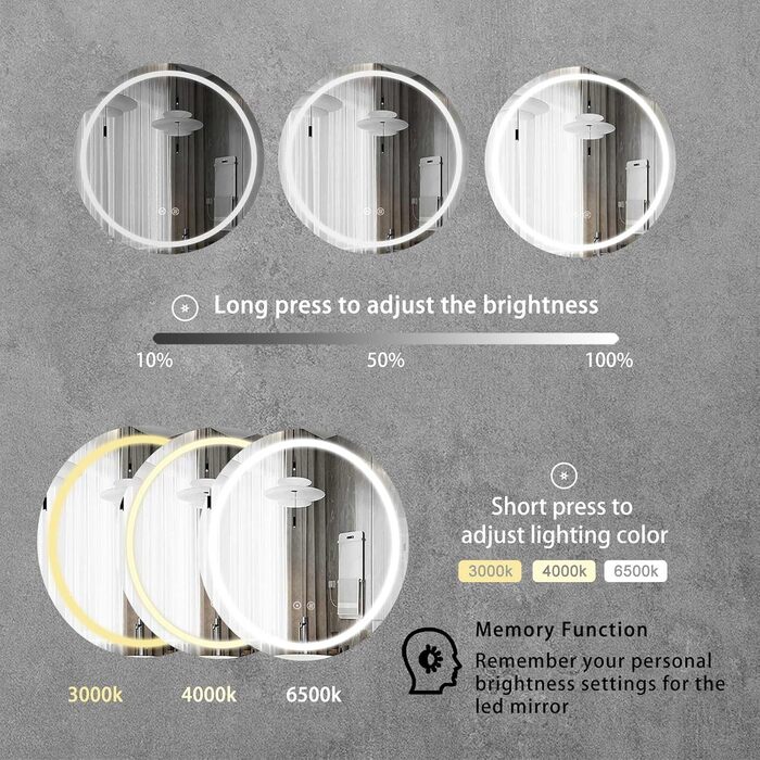 LED дзеркало для ванної кімнати 60x80 см з підсвічуванням, 3 кольори, регулювання яскравості, протитуманне покриття, сенсорне управління