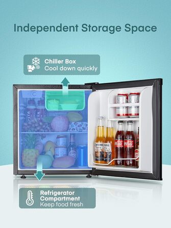 Міні-холодильник E 46L з морозильною камерою, низький рівень шуму 42 дБ, регулювання температури, колір нержавіюча сталь — для офісу, кухні та спальні