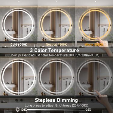 Дзеркало для ванної кімнати з підсвічуванням, 60 см, кругле, з антизапарюванням, регульоване, 3 кольори світла (80x80 см, Bluetooth, антизапар, диммування, 3 кольори)