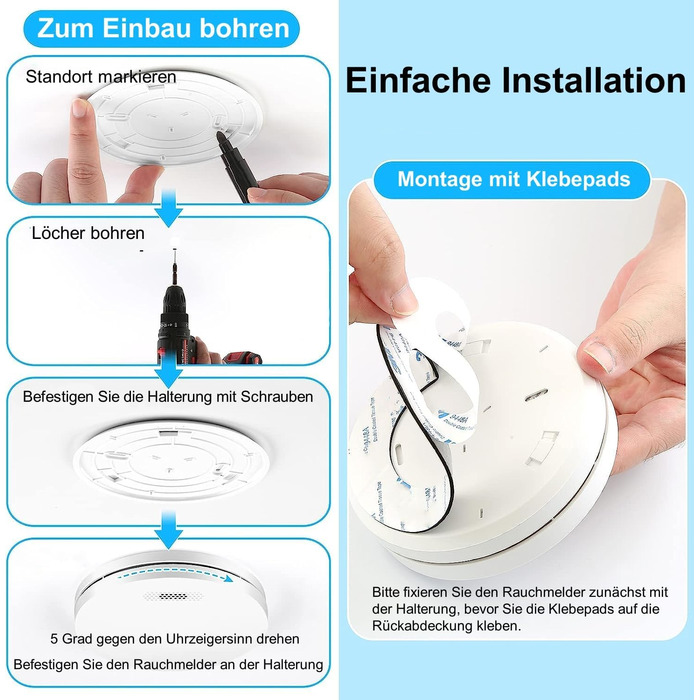 Набір димових сповіщувачів Rauchmelder 5шт. з батареєю на 10 років, плоскої форми, сертифіковані TÜV Rheinland, з функцією вимкнення звуку, 85dB, автономні, чутливі, білі