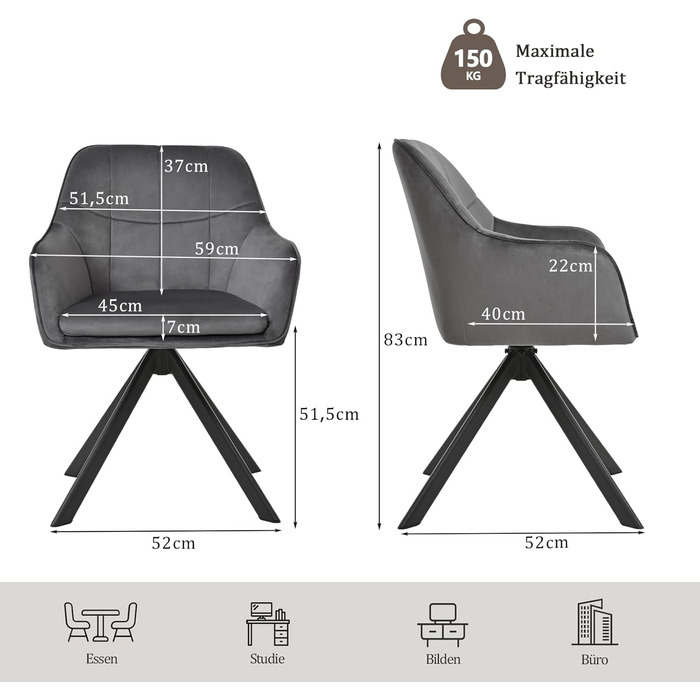 Набір з 6 обертових кухонних стільців сірого кольору з підлокітниками, з м'яким сидінням, для вітальні та кухні. Стільці з металевими ніжками, оббивка з велюру.