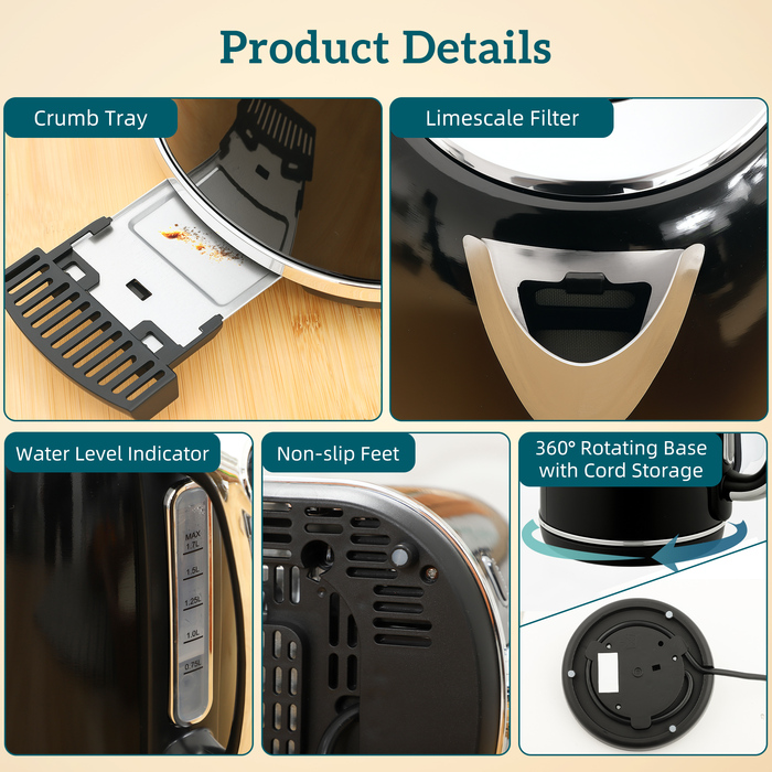 Набір чайника та тостера, LED-дисплей, об'єм 1,7 літра, потужність 2200 Вт, ретро-дизайн, функція пам'яті, чорний колір