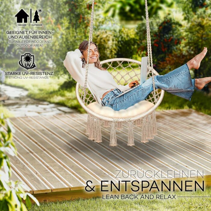Крісло-гойдалка Tillvex для дому та саду | Міцний плетений гамак на 200 кг | З подушкою, бежевий | Для відпочинку на свіжому повітрі