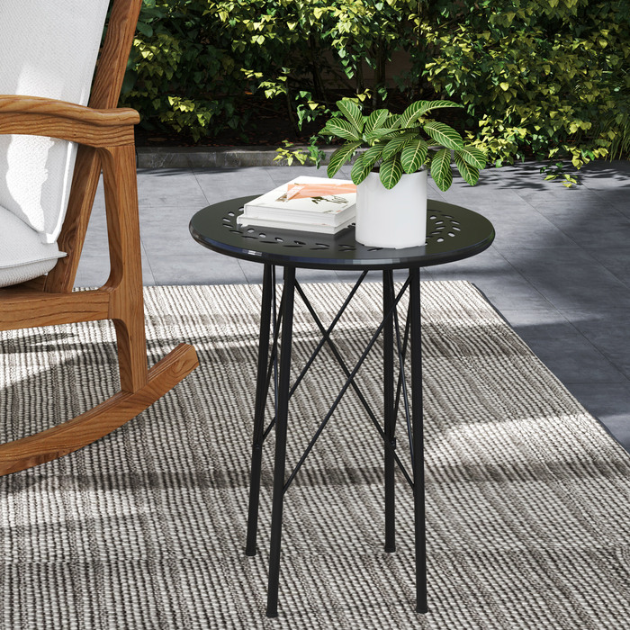 Outsunny Garden Table Ø40 x 50 см, Атмосферостійкий сталевий балконний стіл, Бічний столик із захисними ніжками з квітковим дизайном, Круглий обідній стіл на відкритому повітрі, Кемпінговий стіл Патіо Стіл для патіо Стіл для саду Балкон Чорний | Аосом