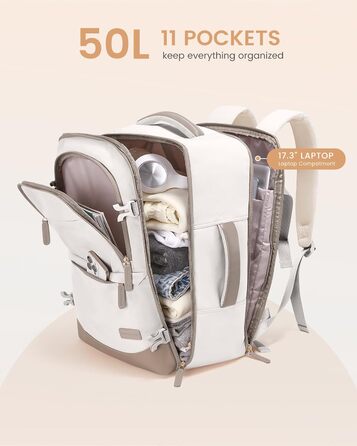 Рюкзак для ручної поклажі LOVEVOOK 40L, рюкзак для подорожей для жінок, з відділенням для мокрого та сухого, 45x36x20 см, для ноутбука, ручної поклажі, 18 дюймів (Бежевий хакі)