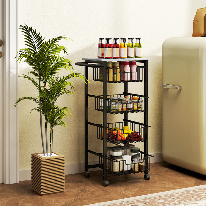 Візок кухонний HOMCOM 4-ярусний на колесах, мобільний сервірувальний візок, кухонний тележка з 4 сталевими кошиками