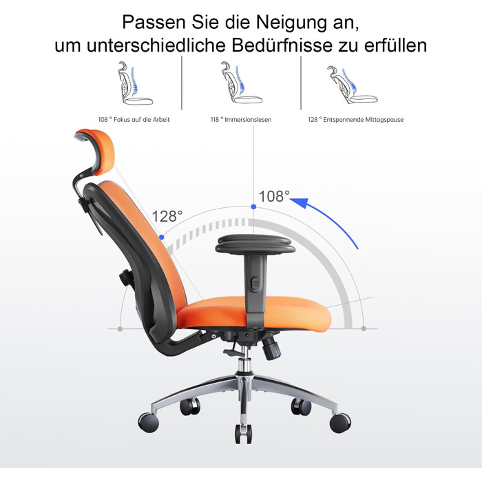 Ергономічне офісне крісло SIHOO, регульована поперекова підтримка, підголівник, підлокітник, до 150 кг, помаранчевий