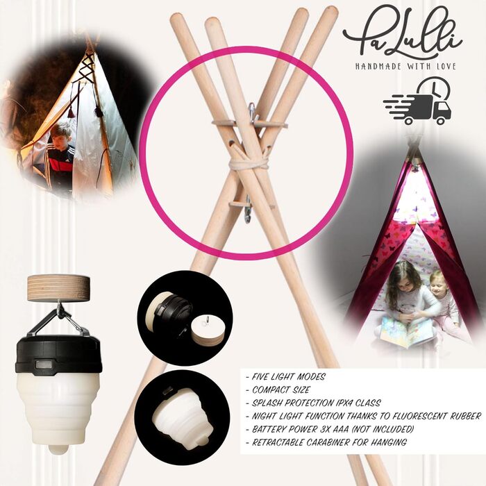 Дитяче намет-типі Tipi PaLulli® з бавовни, килимком, лампою та декоративними подушками (Рожевий)