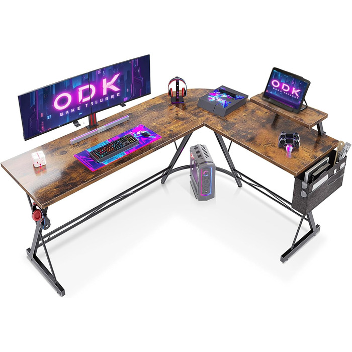Ігровий стіл ODK Gaming, кутовий стіл для геймерів, стіл у формі L з підставкою для монітора, для офісу (Вінтаж Коричневий, 167 x 120 см)