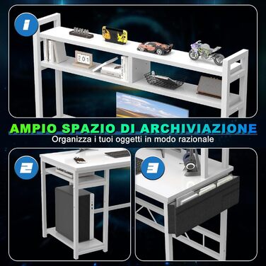 Ігровий стіл Devoko L-подібної форми з LED-підсвічуванням, 140 x 120 см, з 2 розетками та 2 USB-портами, з полицями для зберігання, білий