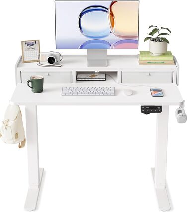 Електричний регульований стіл YIHAYO 120x60 см з ящиками та підставкою для монітора, функція пам'яті, білий каркас/біла поверхня