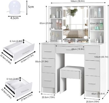 Набір туалетного столика Aovquof з LED світлодіодом, дзеркало, табурет, 7 ящиків, 6 відділень, білий, 140x100см