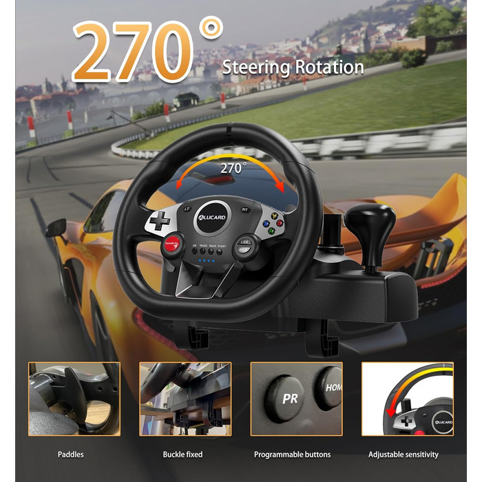 Ігровий кермо VooFun Racing Wheel для PC/PS4/Switch/PS3/Xbox One/Xbox 360 з педалями, 270°, чорний