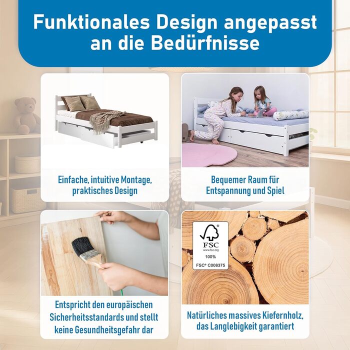 Ліжко дитяче Вробель Kinderbett 90x200 см з 2 шухлядами та ламелями - односпальне ліжко з масиву сосни - ліжко Монтессорі для дітей та підлітків, біле - без матрацу 90 x 200 см