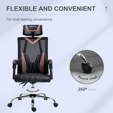 Крісло офісне Vinsetto Ergonomic з сітчастою спинкою, роліками, підтримкою попереку та шиї, регулюванням висоти та нахилу, 58x62.5x112-120см, Рожеве