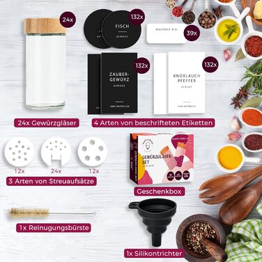 Набір баночок для спецій 24 шт. по 100 мл з бамбуковими кришками та етикетками | Набір для зберігання спецій, баночки для спецій, 24 шт.