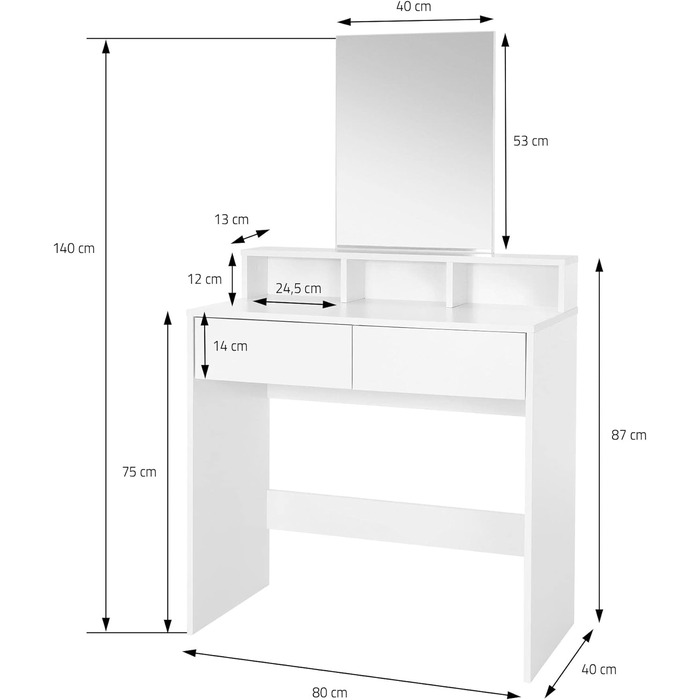 Туалетний столик ML-Design, 2 ящика, дзеркало, 3 відділення, 80x40x140 см, білий, в т.ч. табурет