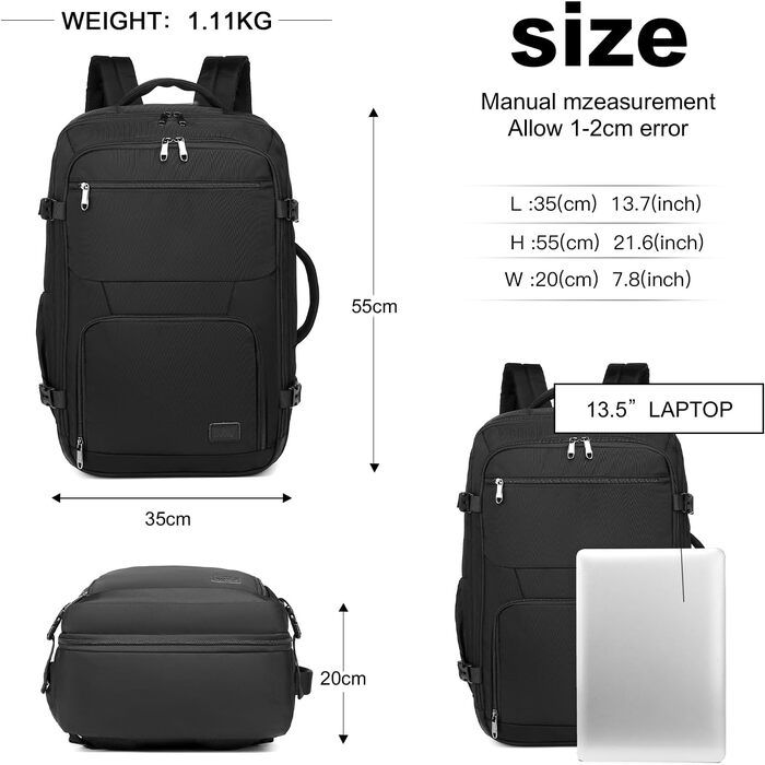 Рюкзак KONO для ручної поклажі літака, великий, водонепроникний, 55 x 35 x 20 см, 38L (Чорний)