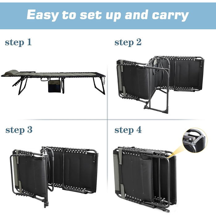 Велике розкладне шезлонге для саду: Outdoor, XXL, 5 положень спинки, до 150 кг, з подушкою та кишенею, 200x68 см, сірий