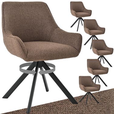 Обідні крісла поворотні 6 шт. з підлокітниками – 360° обертання, м'яке крісло з льону, сучасний поворотний стіл для кухні з металевим каркасом та спинкою для їдальні, вітальні, офісу, коричневий. 6 шт.