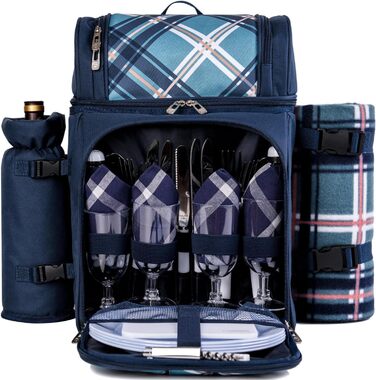 Набір для пікніка ALLCAMP Outdoor Gear на 4 особи, блакитний: рюкзак, деки, посуд, тримач для пляшок/вина