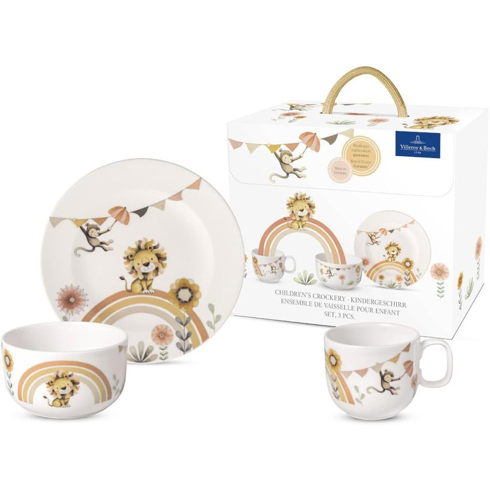 Набір дитячого посуду Villeroy & Boch Boho Kids 'Roar like a lion' (3 шт.) Бежевий, для миття в посудомийній машині, з мікрохвильовкою, з зображенням лева та мавпи, преміум-посуд