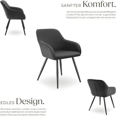 Крісло tectake® з підлокітниками, м'яке, обтягнуте тканиною Cord, для вітальні, їдальні, кухні, офісу (набір 6 шт., антрацит/чорний)