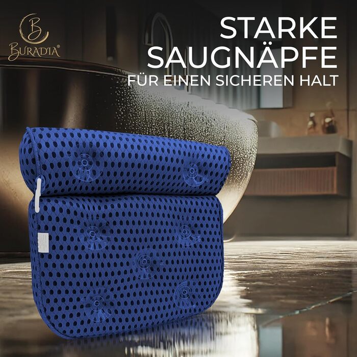 Подушка для ванни з сіткою для прання - Максимальний комфорт та розслаблення з новітньою технологією Air Mesh - Подушка для ванни з 7 міцними присосками - Підтримка шиї/голови (Темно-синій)