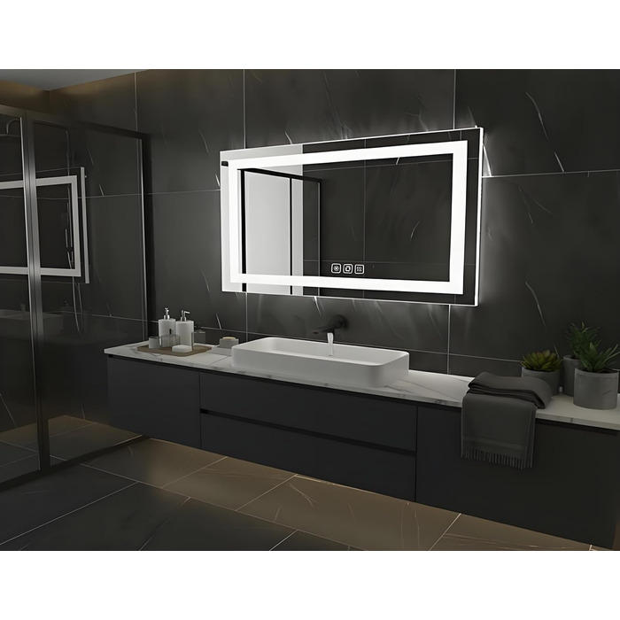 Дзеркало для ванної кімнати Luminorcrest з підсвічуванням, прямокутне 60 x 80 см, LED, 3 кольори, диммування, сенсорне управління, антизапар, CRI90+, загартоване скло, бічне та заднє підсвічування