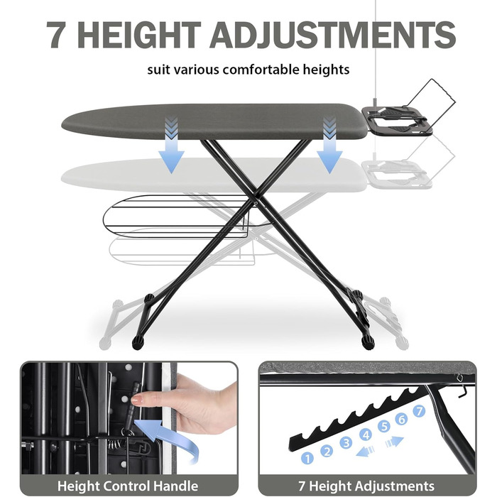 Прасувальна дошка KINGRACK, регульована по висоті в 7 напрямках, термостійка, протиковзка ніжка, з гачком для зберігання