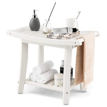 Двомісна душова лавка COSTWAY з полицею, 170 кг, біла. Душовий стільчик для дорослих та літніх людей, 60,5 x 34 x 48 см