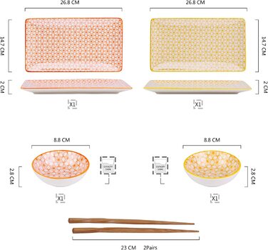 Суші Сет, 6 предметів, порцеляна, барвистий, на 2 персони, в т.ч. тарілки, миски, палички для їжі