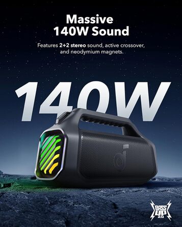 Soundcore Boom 2 Plus: Портативна Bluetooth колонка, 140W, IPX7, RGB, Power Bank, Чорний