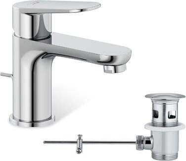 Змішувач для ванної кімнати KLUDI-X1 з витяжним зливом, висота виливу 75 мм, водозберігаючий кран, розмір S, керамічний картридж, для раковини, з підвідними шлангами, хром S