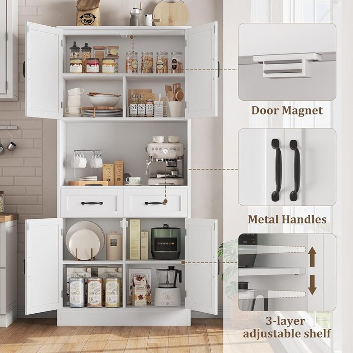 Кухонна шафа HOCSOK 180 см: буфет з робочою поверхнею, шафа для зберігання з 4 дверцятами та 2 ящиками, висока шафа-багатоцільова з регульованою полицею, білий