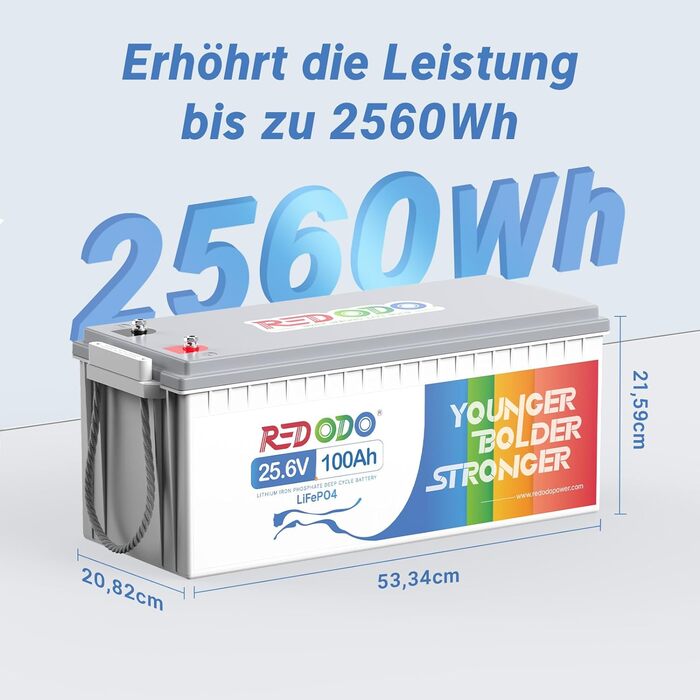 Акумулятор Redodo 24V 100Ah LiFePO4, 2560 Вт, заміна на AGM, 4000-15000 циклів, 10 років, для автофургонів/сонячних/морських