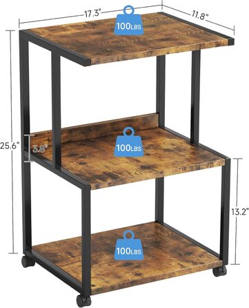 CAIYUN Стіл для принтера, стійка для принтера з фіксуючими колесами, візок для принтера на коліщатках з 3 рівнями, дерев'яно-металева конструкція, міцний і простий у збиранні, 30 x 44 x 65 см, (Коричневий)