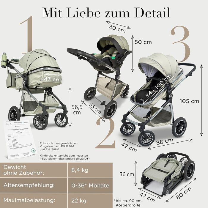 Дитяча коляска 3 в 1 з автокріслом та люлькою | Коляска для новонароджених з 5-точковим ременем безпеки | Кольори: світло-оливковий